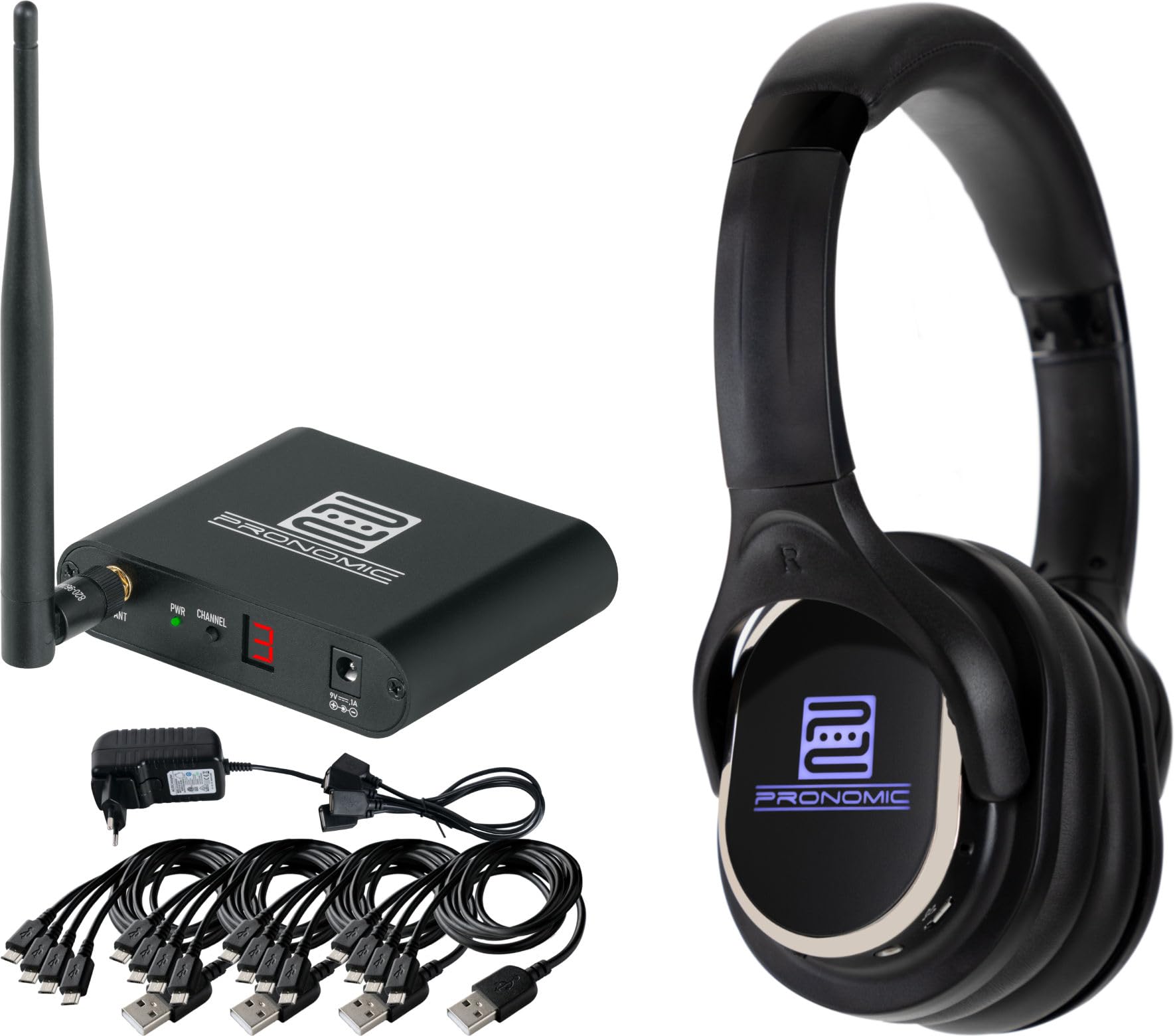 Pronomic SCBS-41 USB-C Silent Disco V2 Band Set - 1 Émetteur Et 4 Casques sans-Fil - 3 Canaux avec Mixs Séparés - Répétitions Silencieuses sans Câbles - USB-C - 863–865 MHz - Noir