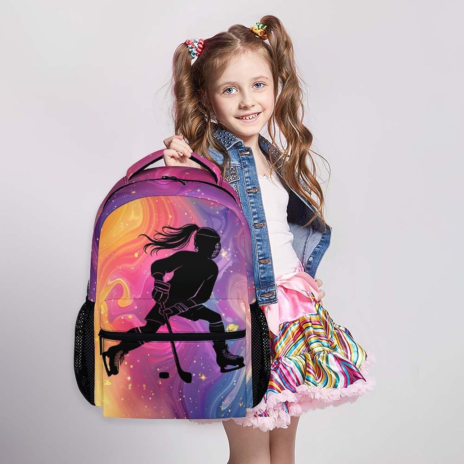Kids Bookbag, Ice Hockey Schoolbag for Girls, 17 Inch Cool Backpack Gift for Travel, Work School, Kids Utility Sports Backpack for Teen Girls
