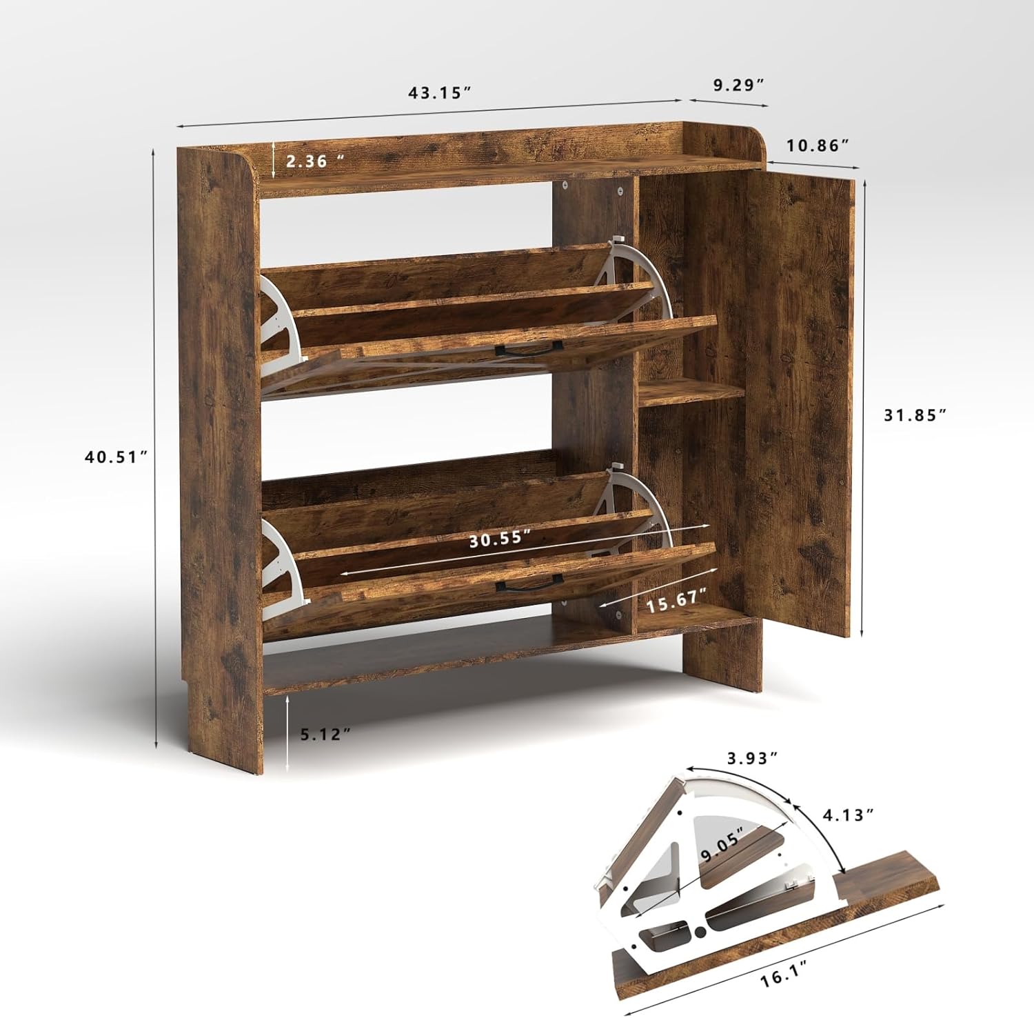 Vibe & Dine Shoe Storage Cabinet with 2 Flip Drawers, Farmhouse Shoe Organizer with Mirror Door for Entryway, Freestanding Narrow Shoe Rack with Side Cabinet and Hooks, Rustic Brown