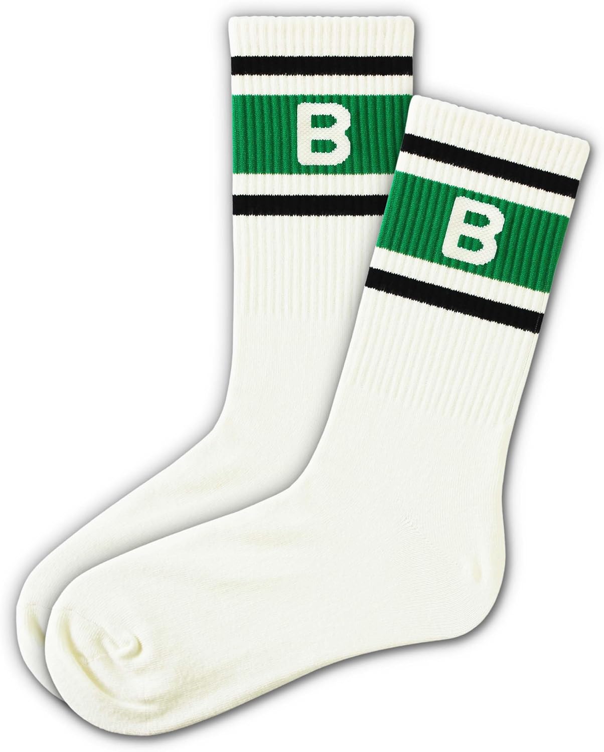 Green and Off-white Retro Striped Crew Socks with The Letter, Classic Initial Sporty Monogram Socks. - Image 3