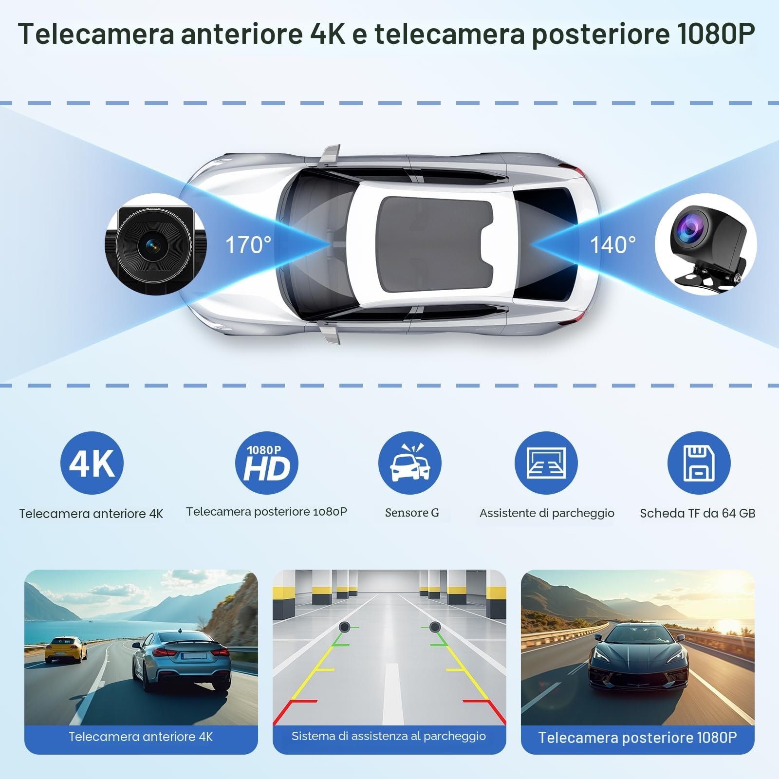 Display Carplay da 10,26 pollici - Display wireless Android Auto Car Play con dashcam 4K, telecamera posteriore 1080P, touchscreen IPS, Bluetooth Mirror Link, schermo diviso, radio FM/AUX, 64G TF