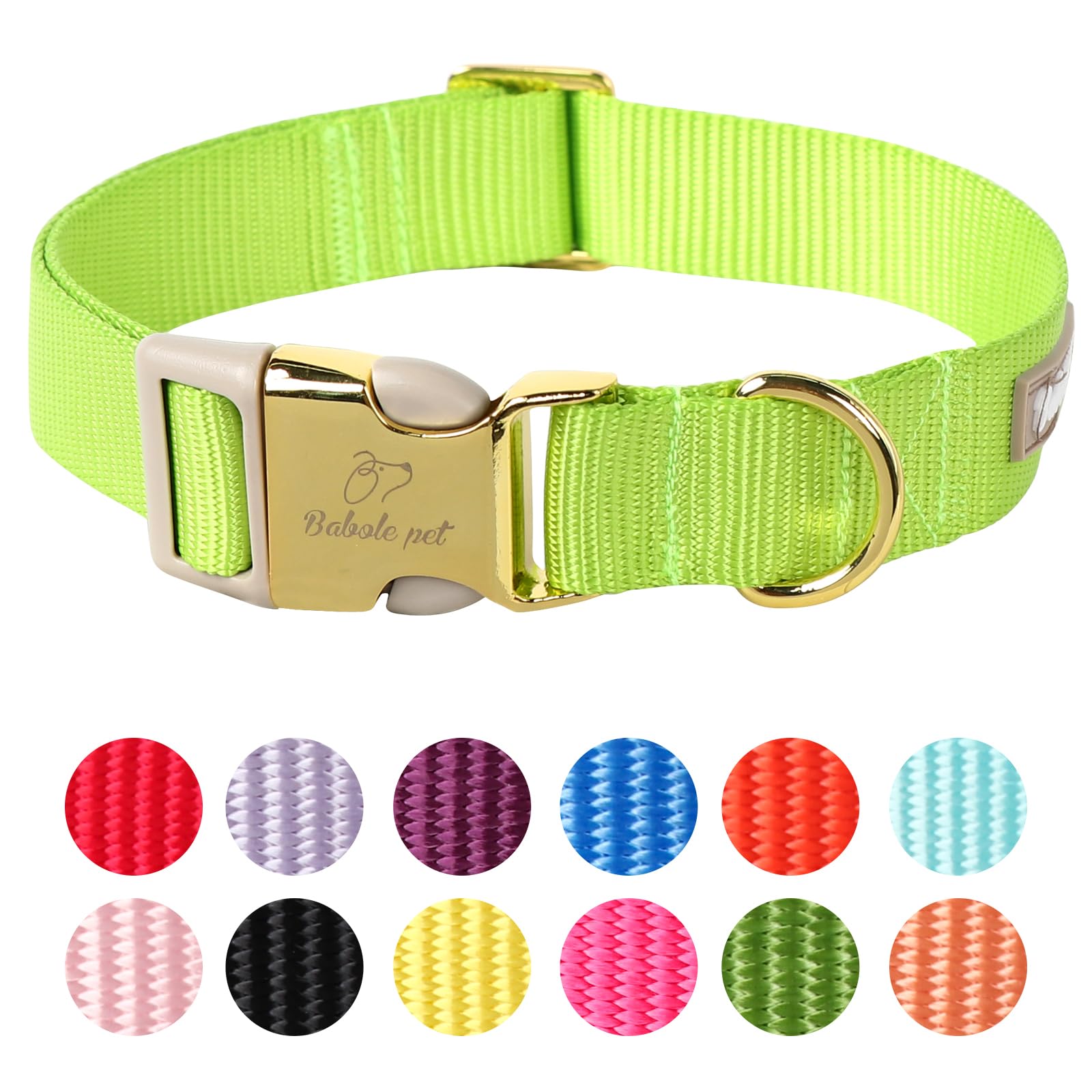 Babole Pet Nylon Dog Collar - Adjustable Fluorescent Green Soft Webbing Dog Collars for Small Medium Large Dogs Boy Girl Puppy Collar with Safety