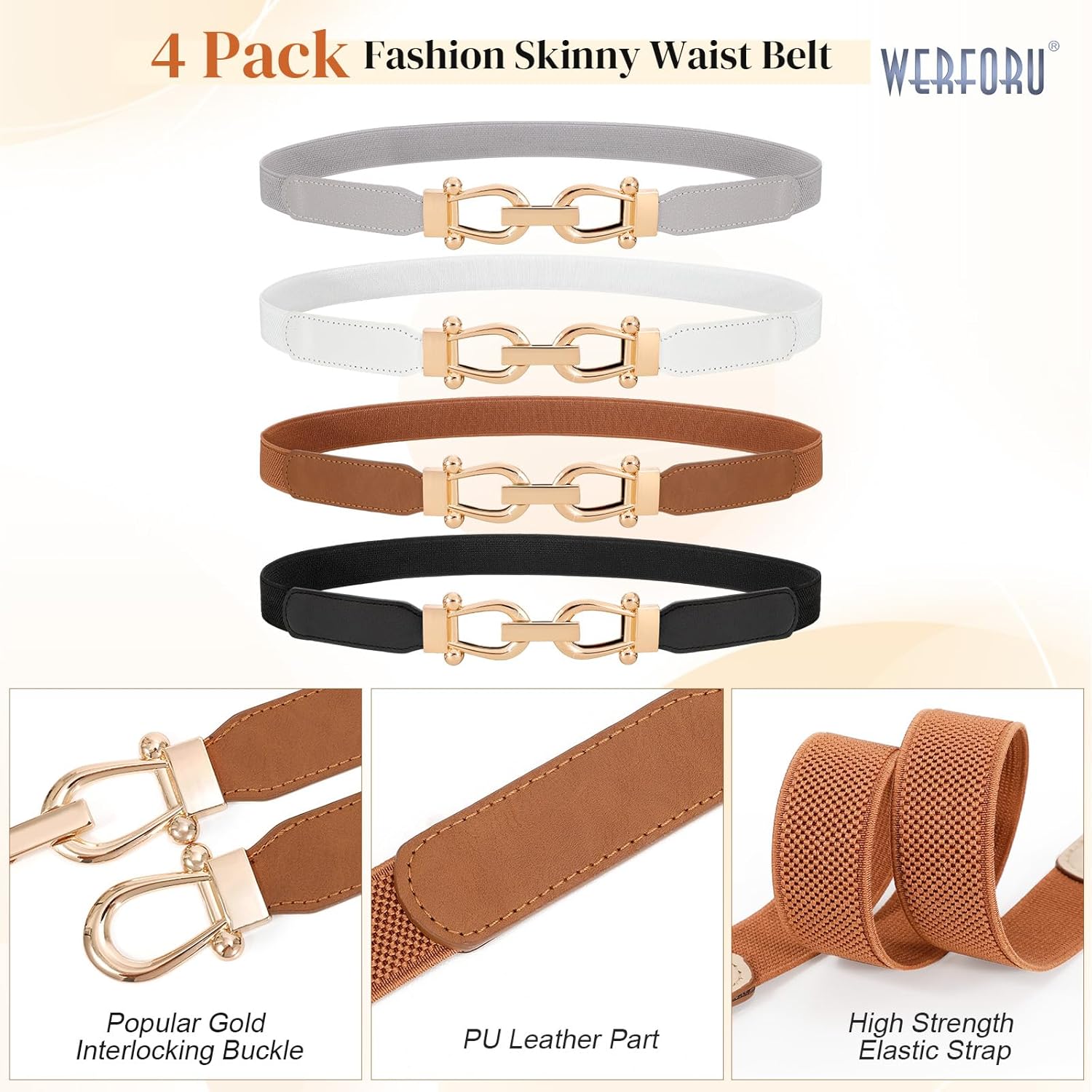WERFORU 4 Pack Women Skinny Elastic Waist Belt Gold Buckle Stretchy Thin Belt for Jeans Dress - Image 3
