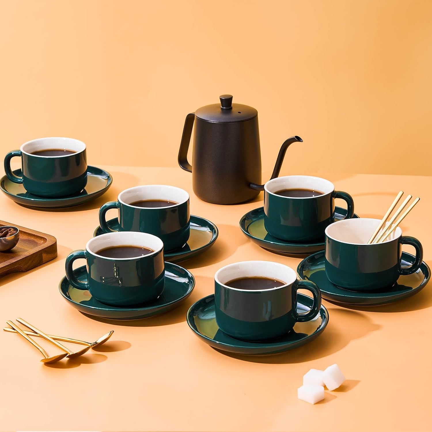 8oz Cappuccino Cups Set of 6, Ceramic Coffee Cups and Saucers Set with Spoons, Green Durable Coffee Cups for Cappuccino Espresso Latte Mocha Au Lait Macchiato Cafe