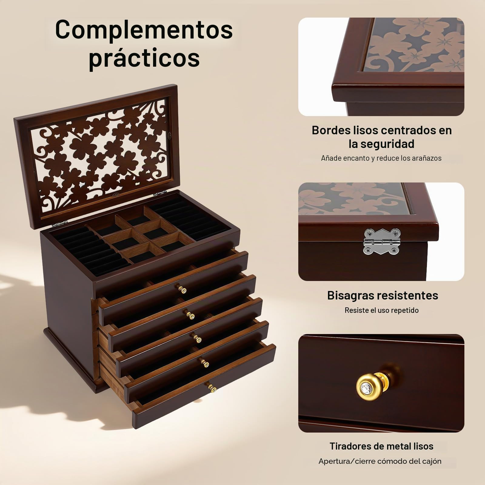 Joyero de madera grande con 6 niveles, caja de joyería con 5 cajones para anillos, pendientes, pulseras, collares, color marrón