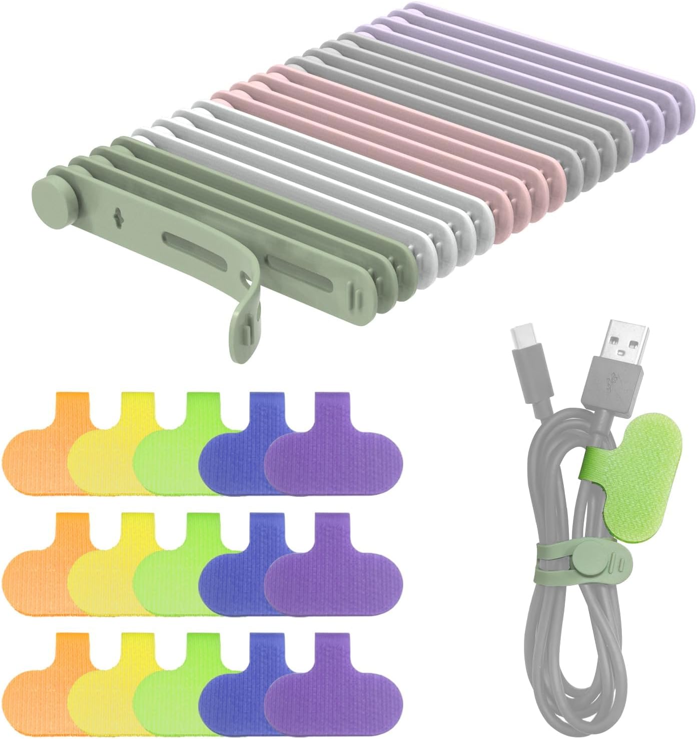 18 Reusable Cable Labels and 20 Silicone Cable Ties Cable Management Set, 38 Cable Ties+Cord Labels for headphone, aux cord, Travel Use, Home or Office Desk Wire Organization(Black & Wood Color)