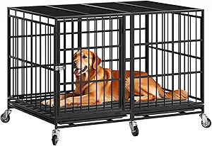 Snuowu 48 Inch Heavy Duty Dog Crate with Wheels, Indestructible Escape-Proof Large Dog Cage with Removable Tray