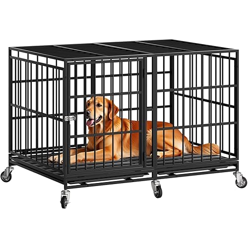 48 Inch Heavy Duty Dog Crate with Wheels，Indestructible Escape-Proof Dog Cage for Large Dogs, Extra Large XL XXL Indestructible Dog Crate with Removable Tray.