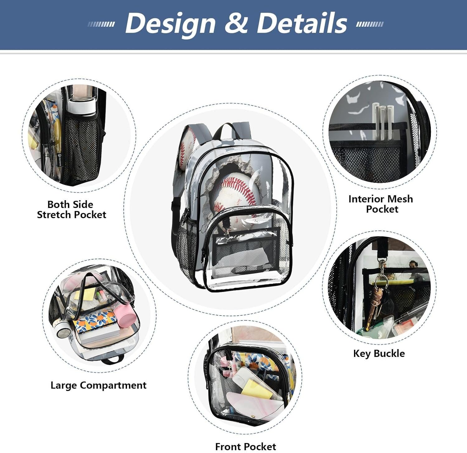 Baseball Breaking The Wall Clear Backpack Heavy Duty See Through Transparent PVC BookBag for Kids Boy Girl Adult School Work