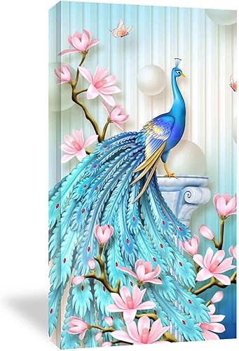 Looife Lienzo decorativo para pared de pavo real, 16 x 32 pulgadas, pájaros verde azulado con flores, decoración de pared para decoración de DW148