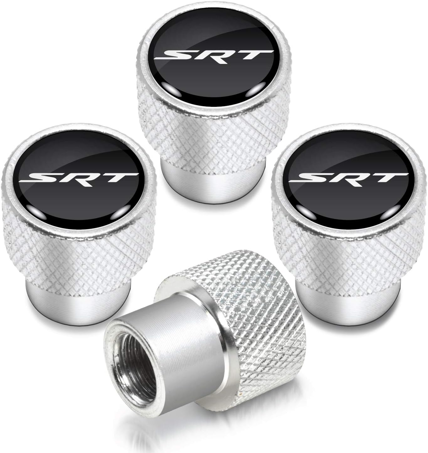 iPick Image for SRT Logo in Black on Shining Silver Aluminum Tire Valve Stem Caps for Dodge Jeep