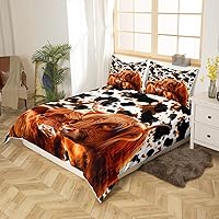 Vista 4 de Funda de edredón de vacas de las tierras altas tamaño Queen, funda de colcha con temática de granja retro occidental con animales salvajes y 2