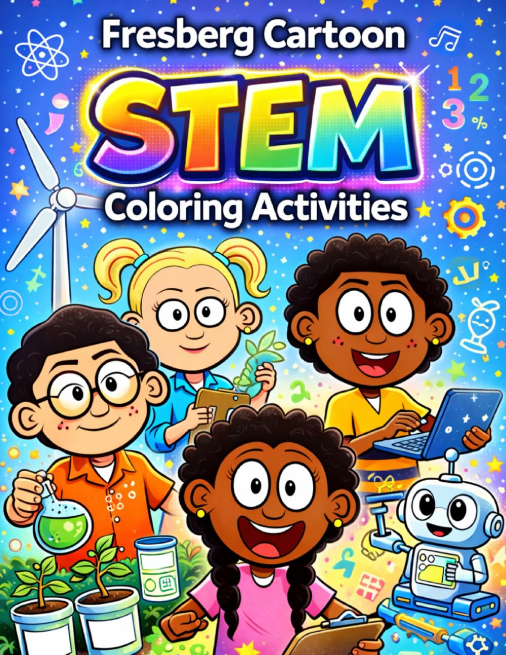 Fresberg Cartoon STEM Coloring Book: Fun Science, Math, Engineering & Technology Pages for Curious Kids