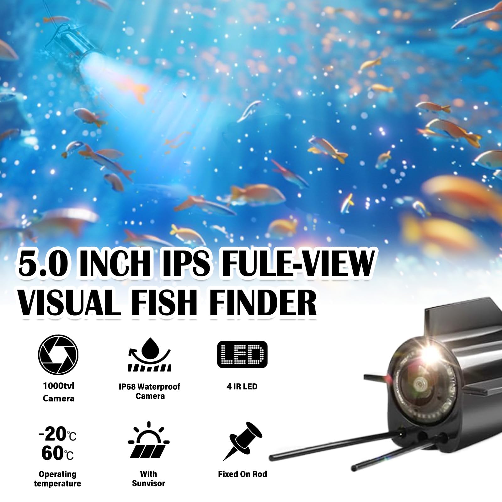 Telecamera Subacquea Pesca, Ecoscandaglio da Pesca Impermeabile IP65 Fish Finder con 5" IPS Display 8000mAh Batteria 30m Cavo 220° Visione Notturna Grandangolare per Pesca in Mare Pesca su Ghiaccio