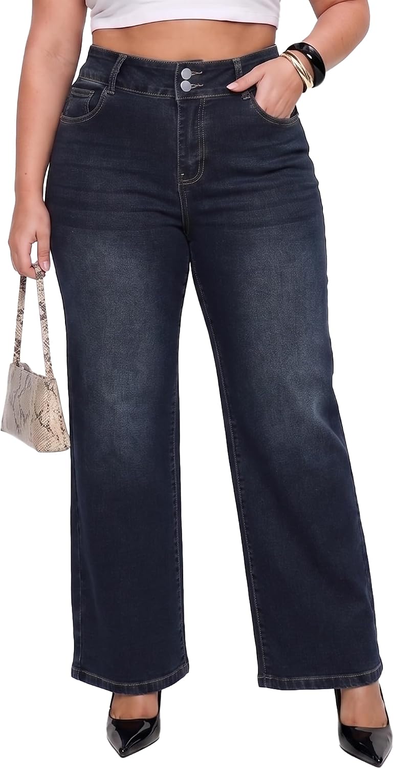 Gocolloa Plus Size Jeans for Curvy Women Straight Leg Stretchy High Waisted Casual Loose Denim Pants with Pockets