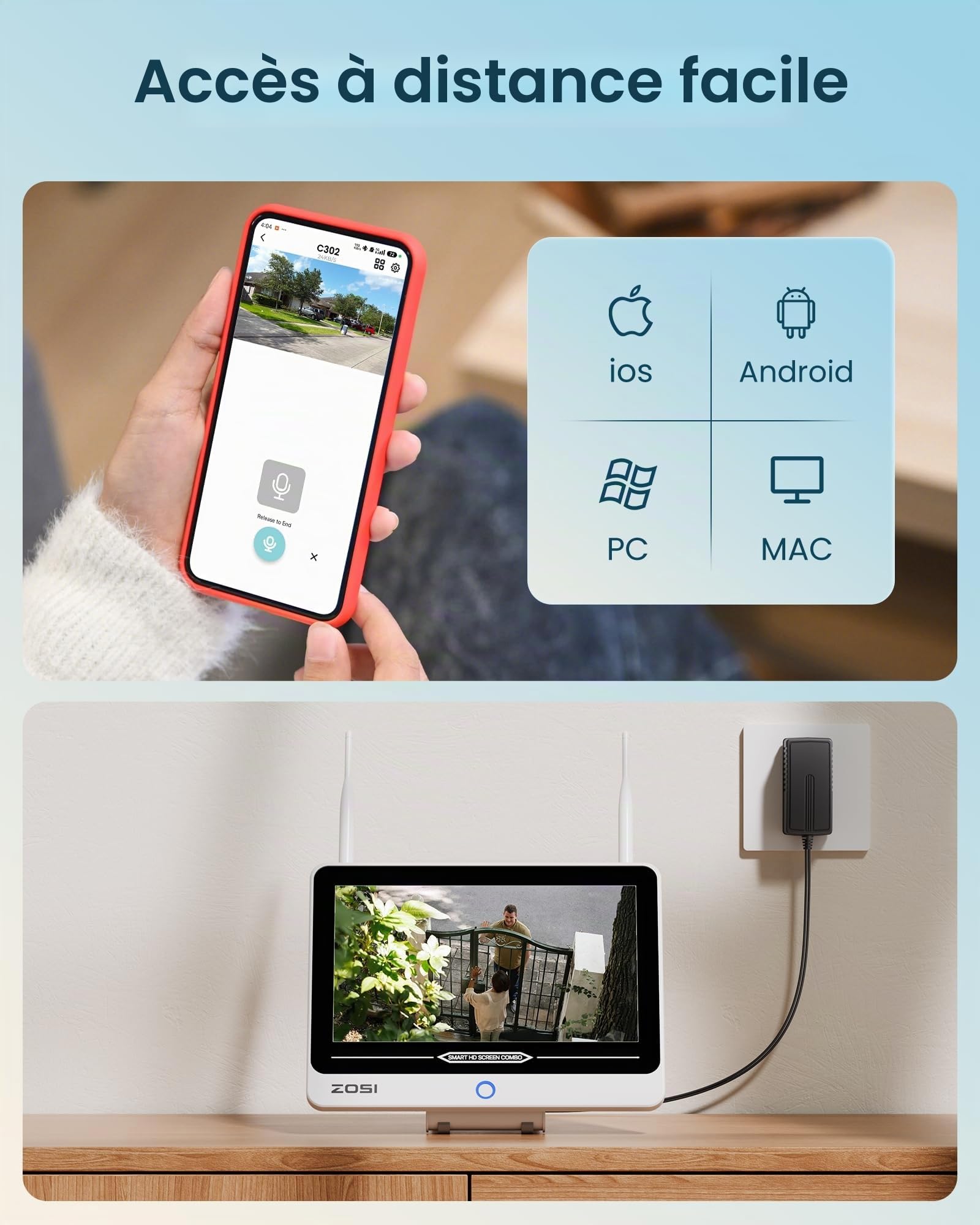 ZOSI 2K Kit Caméra Surveillance WiFi6 Moniteur 8CH 2TB avec Écran 12"