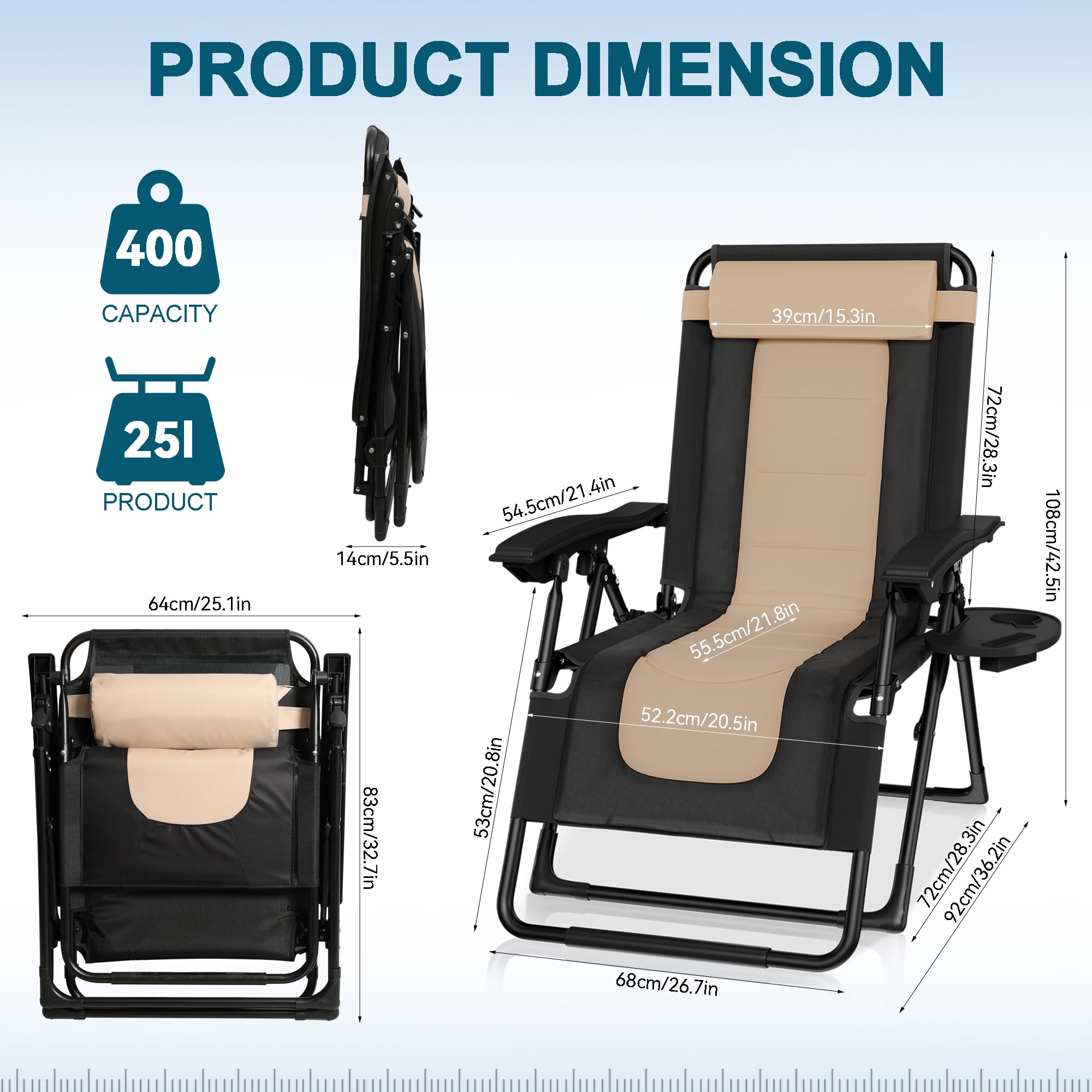 Silla Reclinable Plegable, Ajustable Silla de Gravedad Cero, Tumbonas Jardin Exteriorcon Reposacabezas y Almohadilla, para Jardín, Acero, Piscina, Terraza, Cómoda y Resistente, Carga de 150 kg