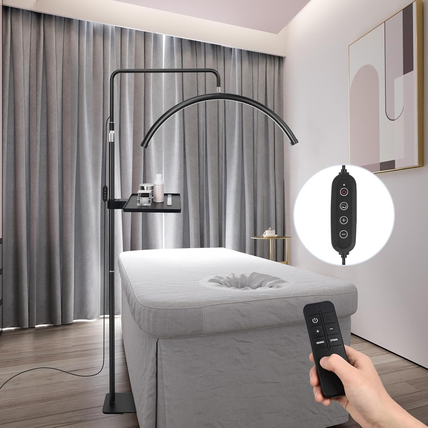 Half Moon Light - 24 inch LED Lash Lamp with Tool Tray for Eyelash Extensions for Tattoo Artists, Nail Tech, Esthetician - Cool, Warm Lamp with Adjustable Brightness & Height (Black)