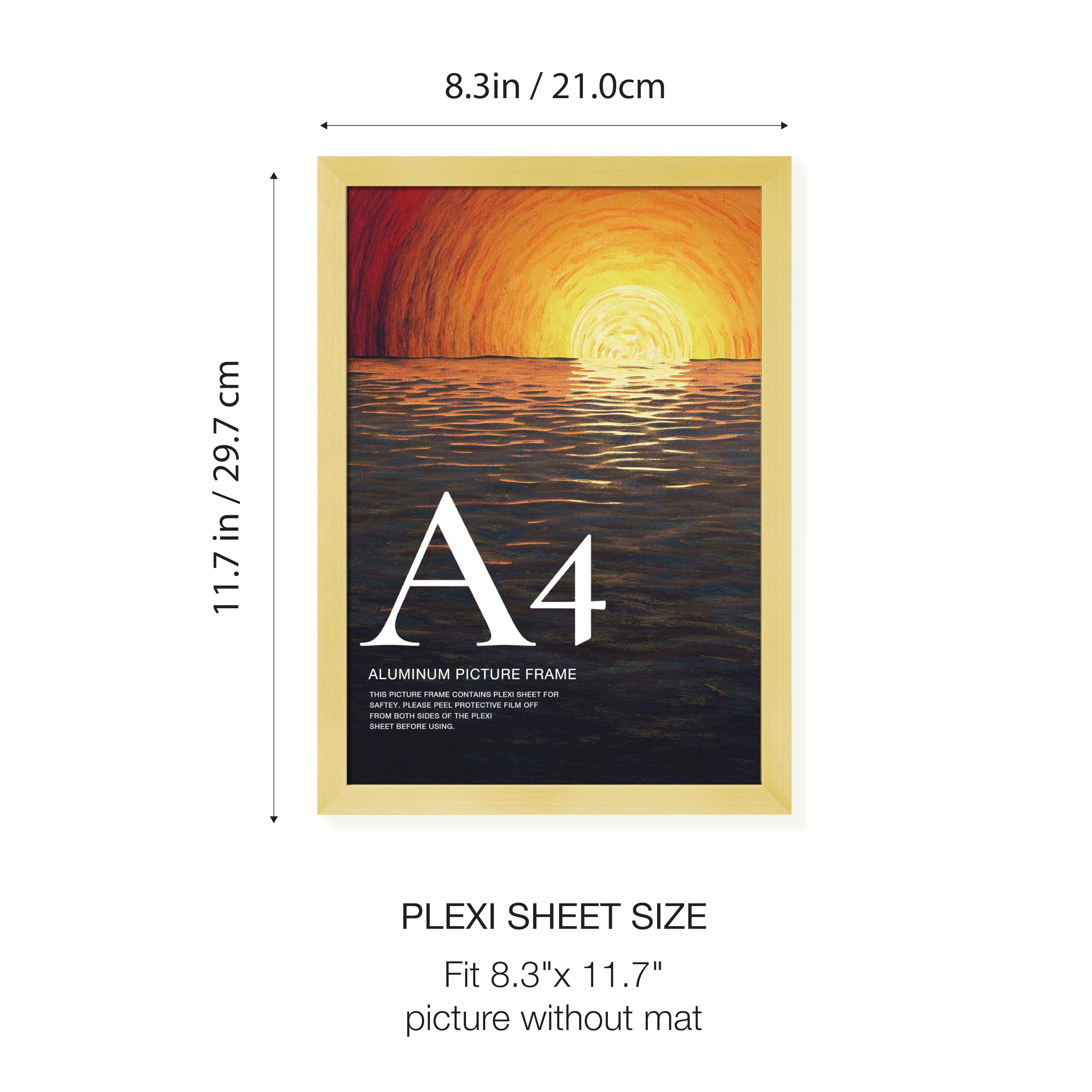LIVINGTASTE A4 Picture Frame Brushed Gold Aluminium, 2-Pack 21x30 cm Photo Frame with Plexiglass Front - Image 2