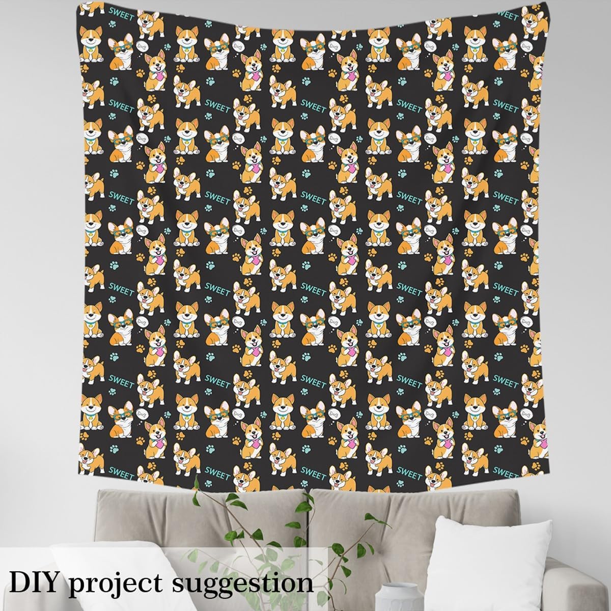 Corgi Dog Upholstery Fabric for Chairs,Cute Puppy Dog Outdoor Fabric by The Yard, Kawaii Pet Decorative Fabric for Upholstery and Home DIY Projects, 5 Yards, Yellow Black