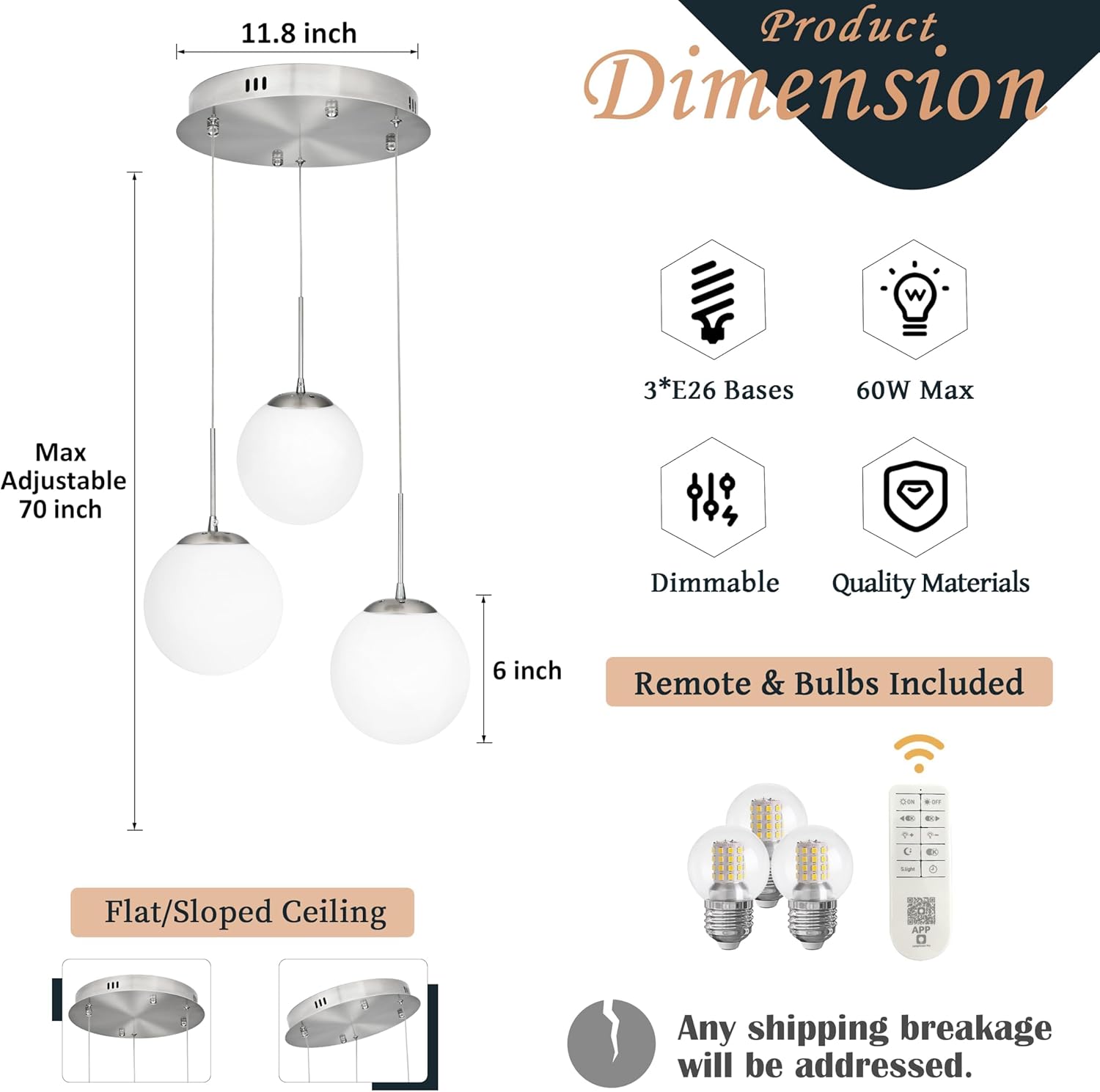 KoKo&Yukina 3-Light Nickel Glass Chandelier Globe Glass Cluster Pendant Lights Modern Adjustable Length Pendant with Milky White Globe Ceiling Light for Kitchen Island Dining Room(Bulb & Remote Incl.)