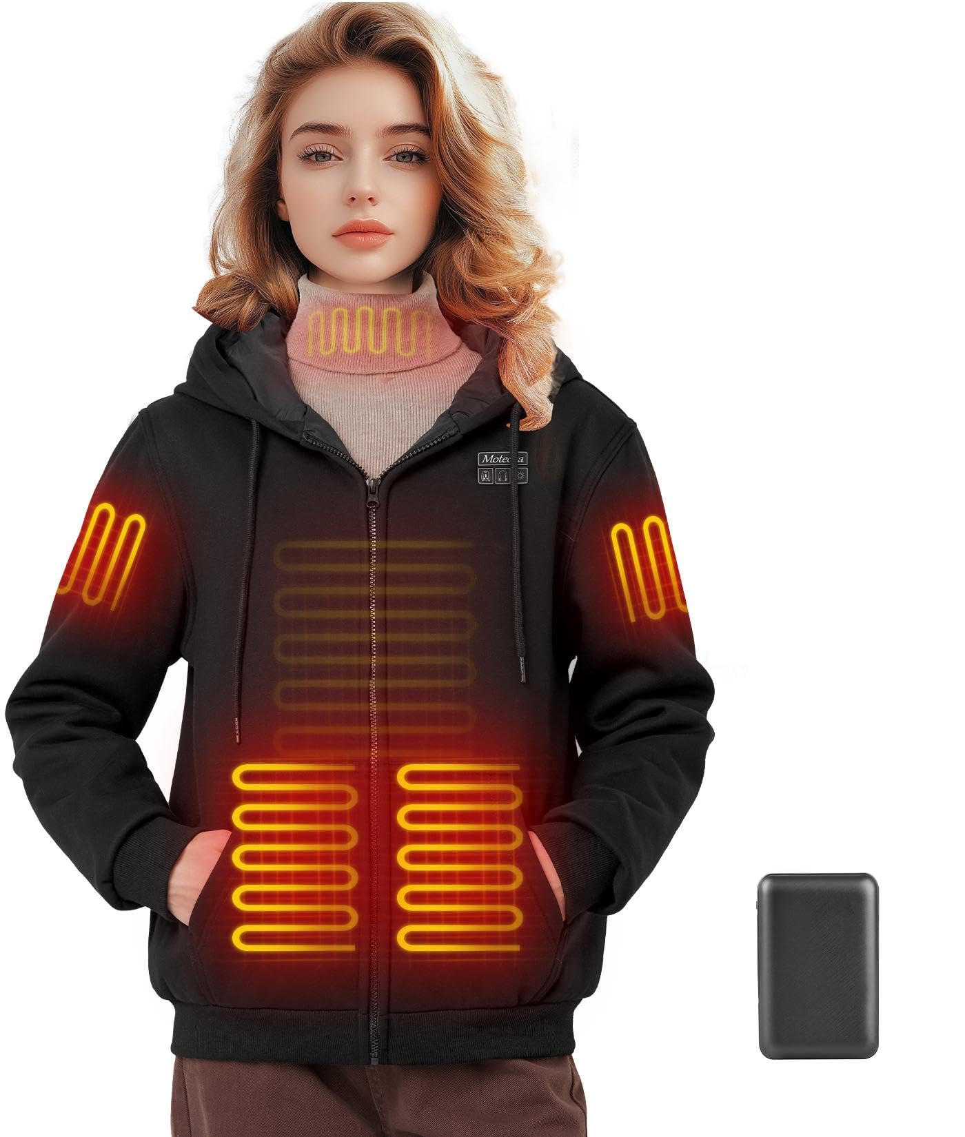 Sudadera con Capucha Calefactable para Mujer con Batería de 16000 mAh 5 Zonas Calefactables 3 Niveles de Temperatura Eléctrico Sudadera Caliente Cremallera para Invierno Al Aire Libre, S