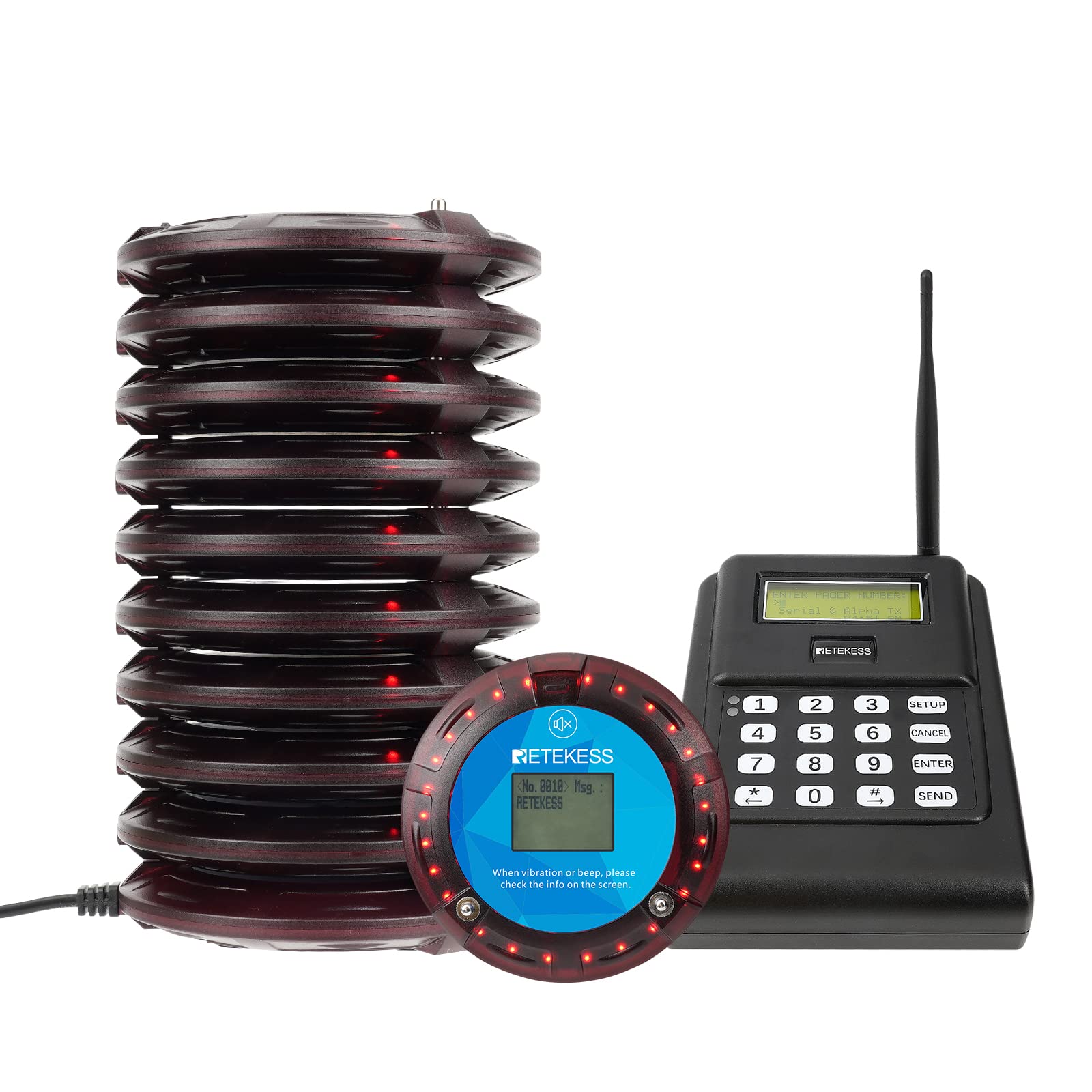 Retekess TD166 Pager Ristorante, Cicalino Ristorante, 10 Cercapersone | per Logistica, Magazzini, Terminali, 5000M All'Aperto, 550 mAh, con Display, Compatibile con il PC, Pager Sms