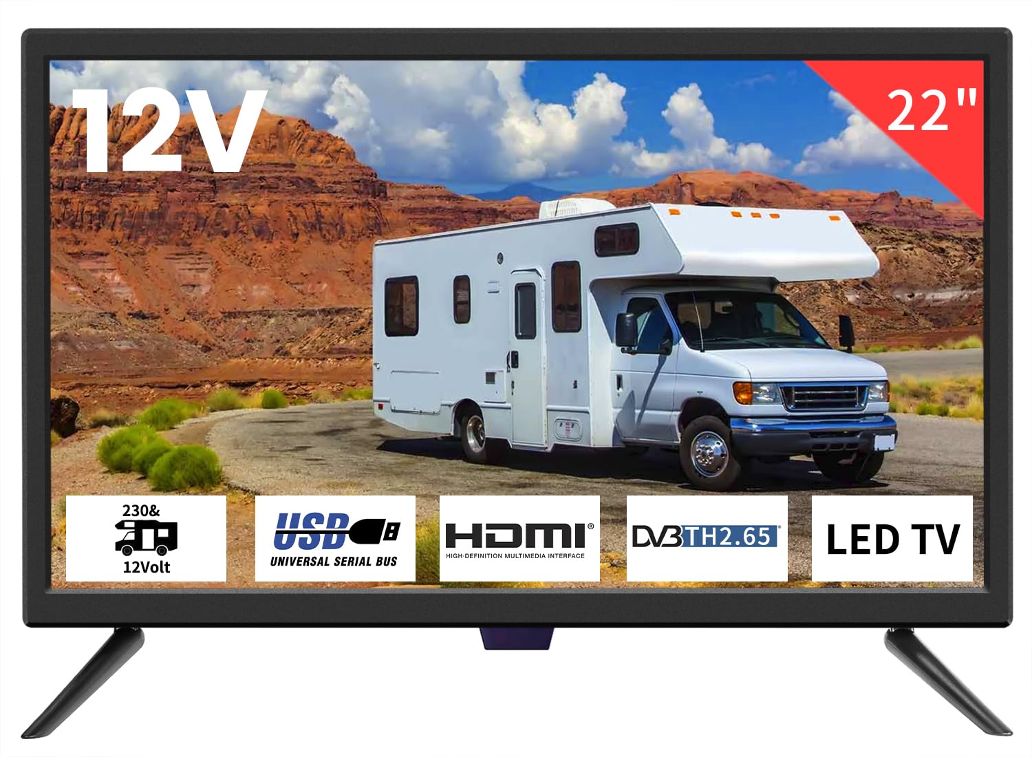 TV 22 inch HD 1080P Screen, Small Television with Freeview Receiver, 12 volt TV Built Digital T2 Tuner,USB, HDMI/RCA/VGA inputs,Suitable for Bedroom Caravan