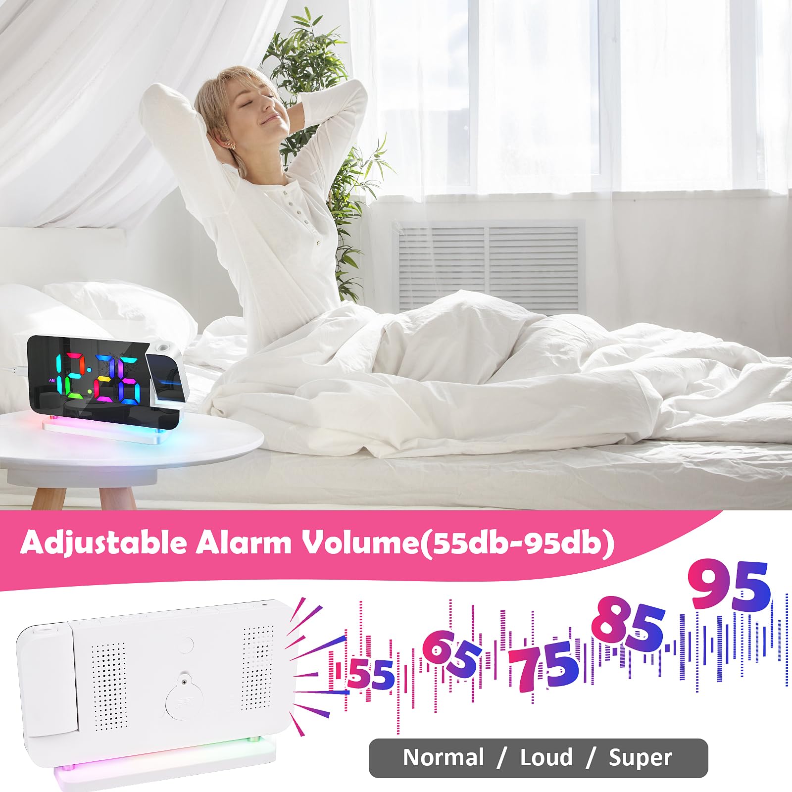 Euakee Réveil Numérique, Réveil avec Projection, Horloge Miroir LED 7.4", Veilleuse 10 Couleurs, Projecteur Rotatif 180°, Chargeur USB-C, Réveils Projection pour Enfants Chambre Filles Garçons (Blanc)
