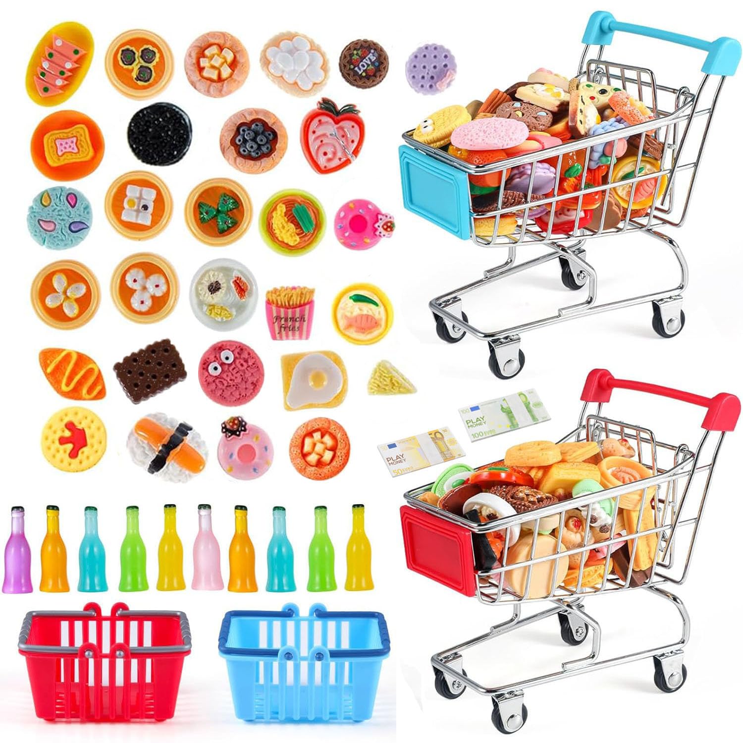 Mini Carrito Compra Juguetes,Mini Cesta de la Compra, Juguetes de Bebida Comida, Juego de rol de la Tienda, Juguetes para Juego de Imitación para Niños