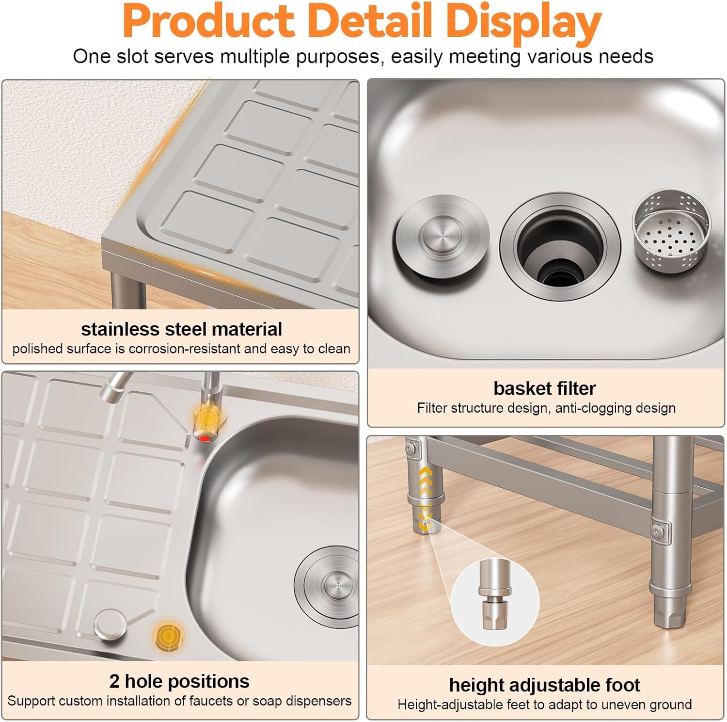 Freestanding 3-Tier Stainless Steel Outdoor Utility Sink with Faucet and Hose Hook Up, Portable Sink for Garden, Patio, Garage, Kitchen and Laundry Room - 29.5" x 15.75" x 31.5"