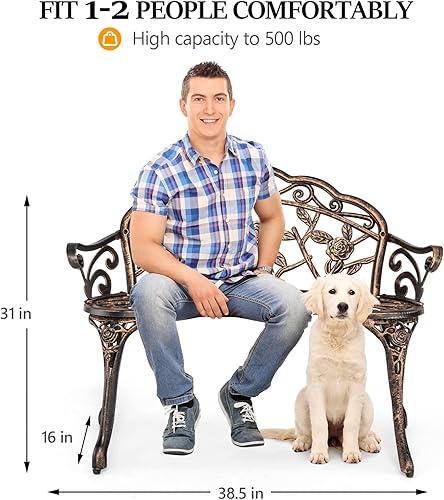 Vista 3 de VINGLI Patio Park Garden - Banco de rosas de metal para exteriores, estructura de aluminio fundido para 2 personas, silla de acabado antiguo, Bronce