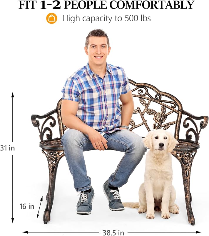 VINGLI 38.5" Patio Park Garden Outdoor Metal Rose Bench, 2-Person Cast Iron Cast Aluminium Frame Antique Finish Chair,Accented Lawn Front Porch Path Yard Decor Deck Furniture (Bronze, Rose) image 3