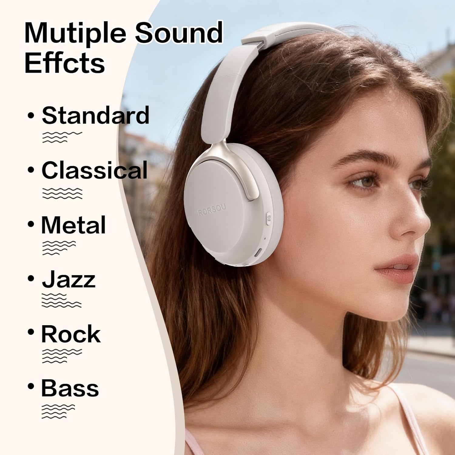 RORSOU B8 Bluetooth Headphones Over Ear, 6 EQ Music Modes and 50H Playtime Deep Bass Wireless Headphones with Mic, Lightweight Folding HiFi Stereo Headset for iPad/Travel/Tablet/PC/Home Grey