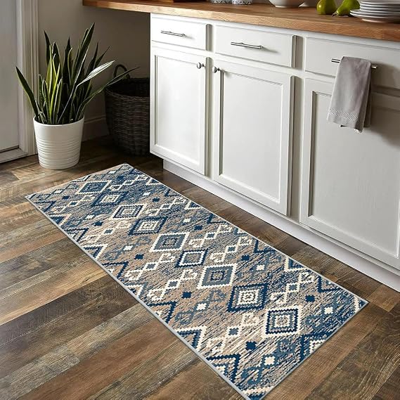 Blue Runner Rugs for Hallway 110x260cm Washable Kitchen Runner Carpet Runner, Non-slip Low Pile Modern Geometric Pattern Area Rugs for Laundry Kitchen Hallway Bedroom Living room