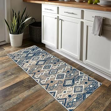 Blue Runner Rugs for Hallway 110x260cm Washable Kitchen Runner Carpet Runner, Non-slip Low Pile Modern Geometric Pattern Area Rugs for Laundry Kitchen Hallway Bedroom Living room