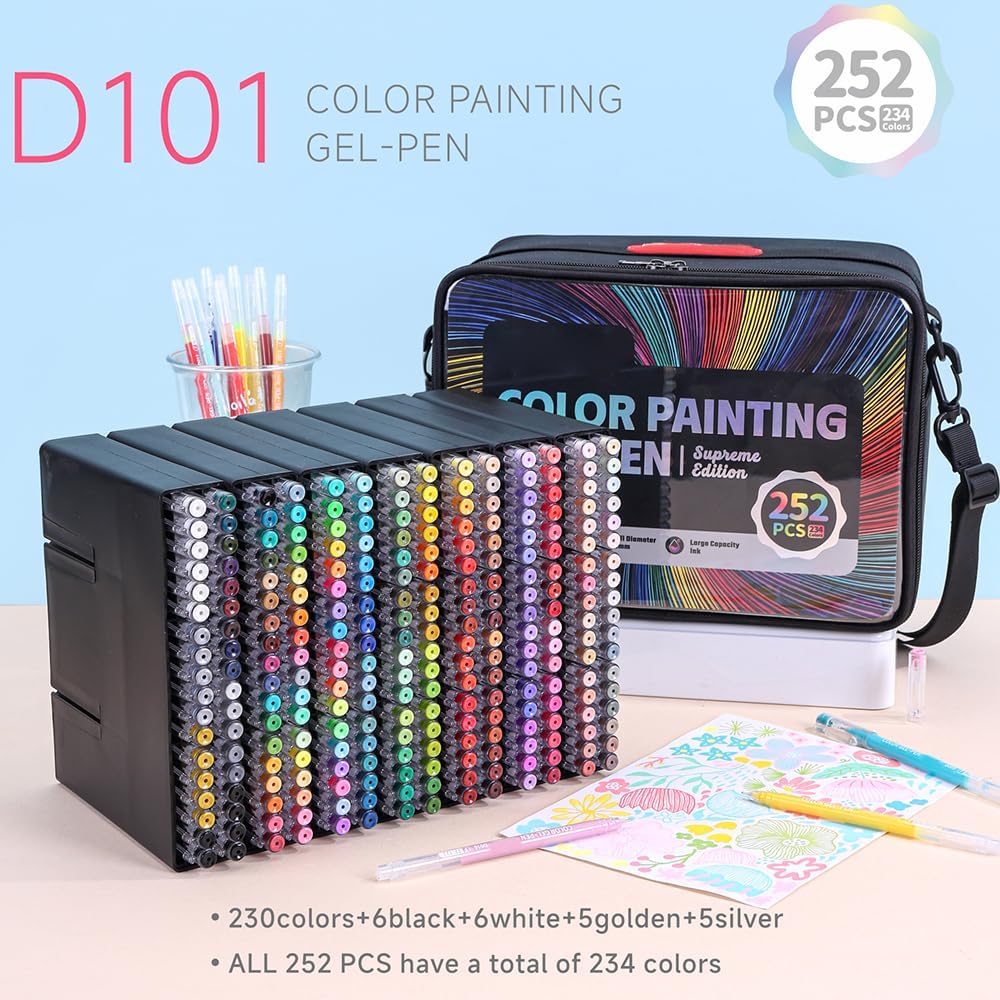 252 Pack Gel Pens for Coloring, 234 Colors Acrylic Gel Pens with 0.6MM Fine Point, Drawing Colored Pen for Black Paper, Books, Writing, Drawing, Journaling, Note Taking
