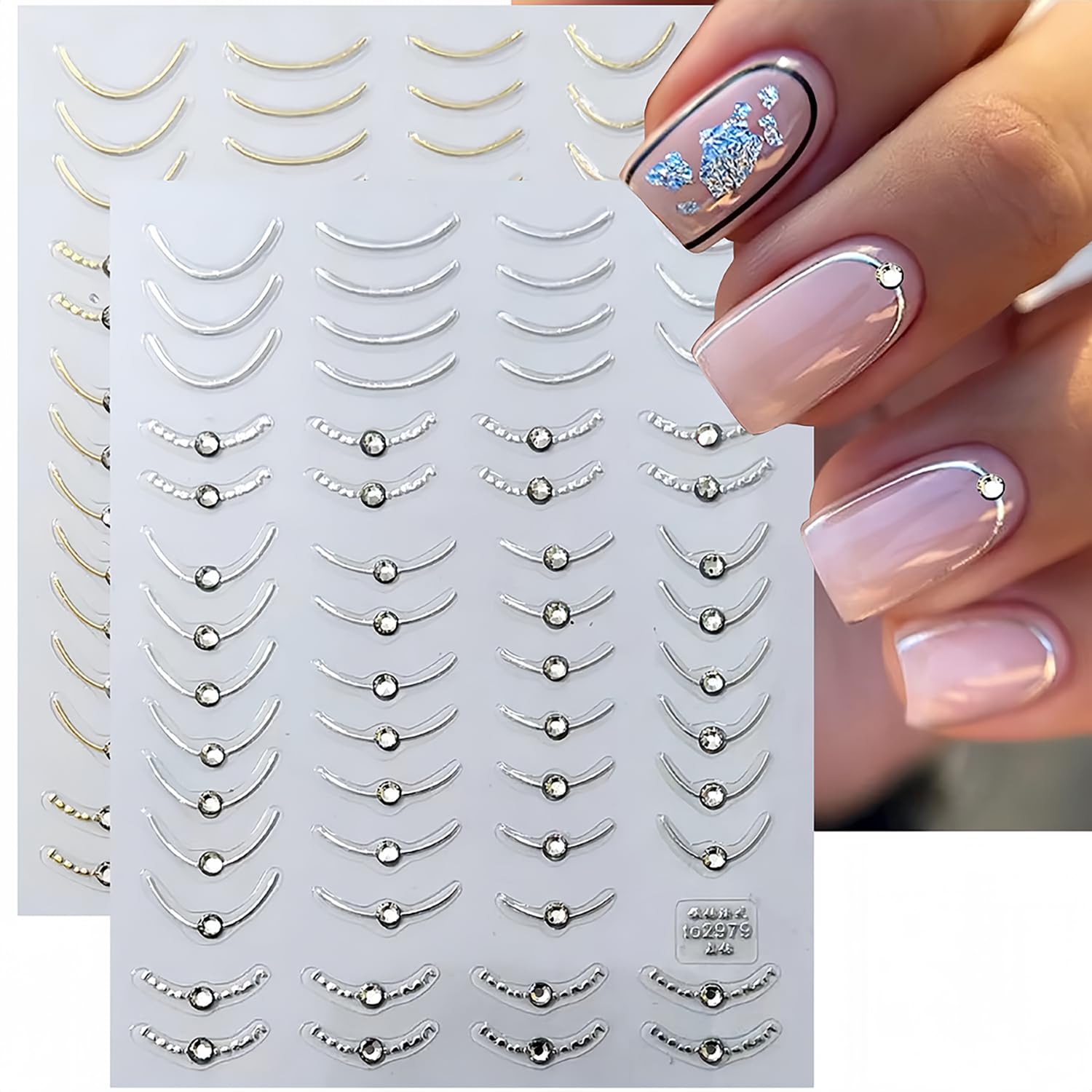 French Tip Nail Stickers for Nail Art, 3D Self-Adhesive Gold Silver French Tip Line with Crystal Diamond Nail Art Design Decals French Nail Sticker for Acrylic Manicure DIY Nail Art Accessories