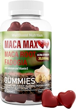 Maca MAX -Ultra Strength 30,000mg Equivalent Extracts Maca Root, Fadogia Root, Selenium, VIT E, 60 Chewable Gummies for Adults -2000 mg Active per Serving, Strawberry Flavour, Suitable for Vegans