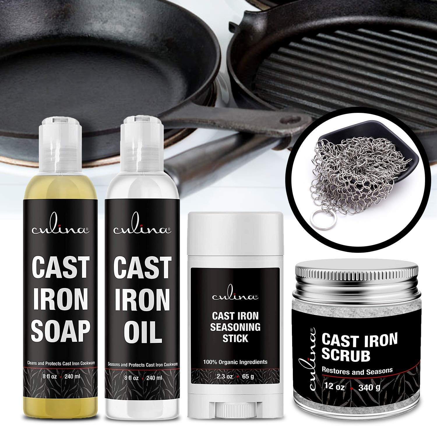 Culina Cast Iron Seasoning Stick & Soap & Oil Conditioner & Restoring Scrub & Stainless Scrubber | All Natural Ingredients | Best for Cleaning, Non-stick Cooking & Restoring | Cast Iron Cookware