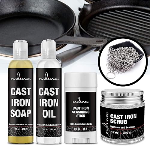 Miniatura 4 de Culina Barra de condimentos de hierro fundido, acondicionador de jabón y aceite y exfoliante restaurador y limpiador de acero inoxidable | Todos los