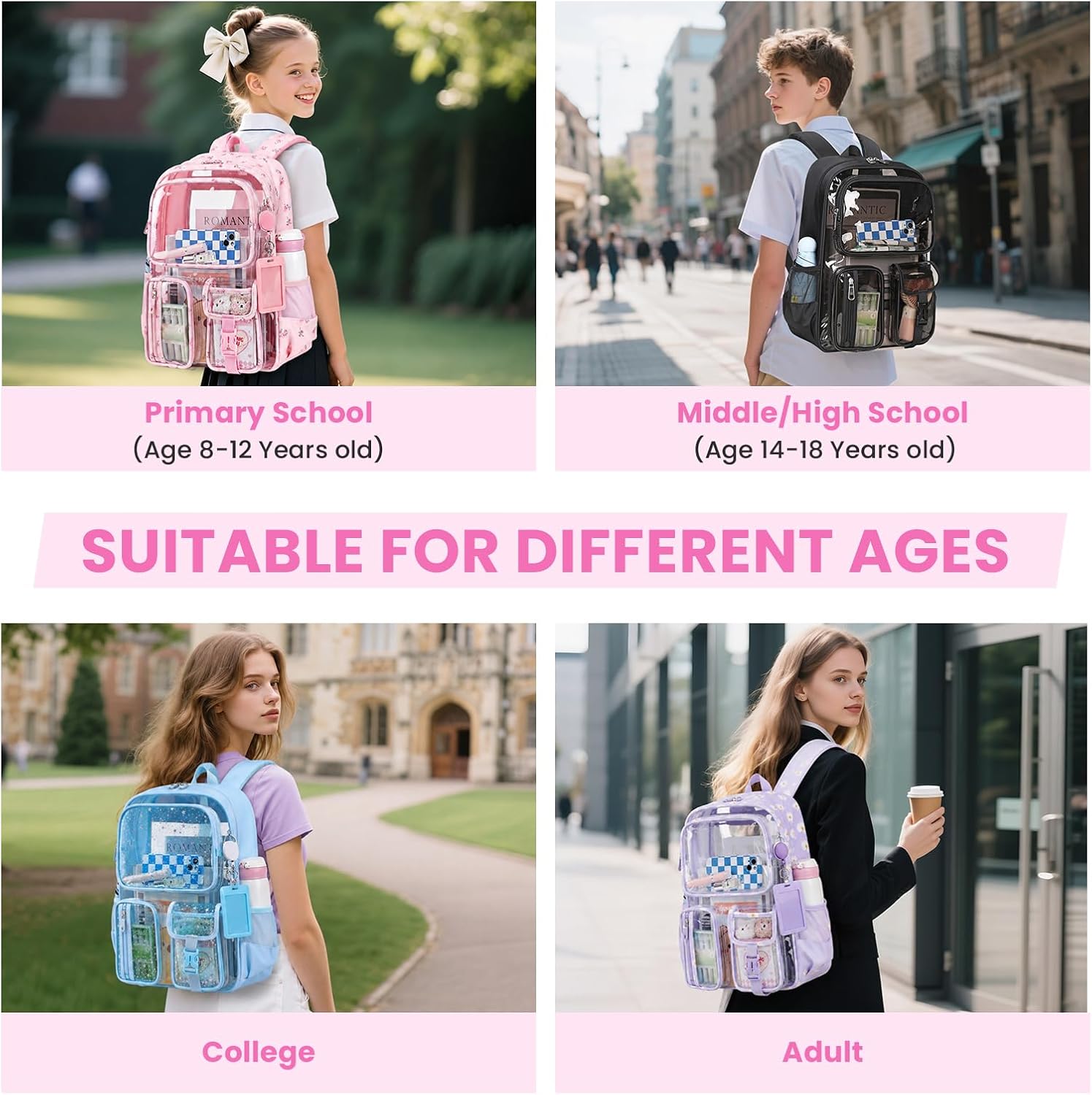 MUSEVOS Clear Backpack for School, Corduroy Heavy Duty Clear Bookbag for Girls Transparent Backpack with Badge Holder, Pink Flower