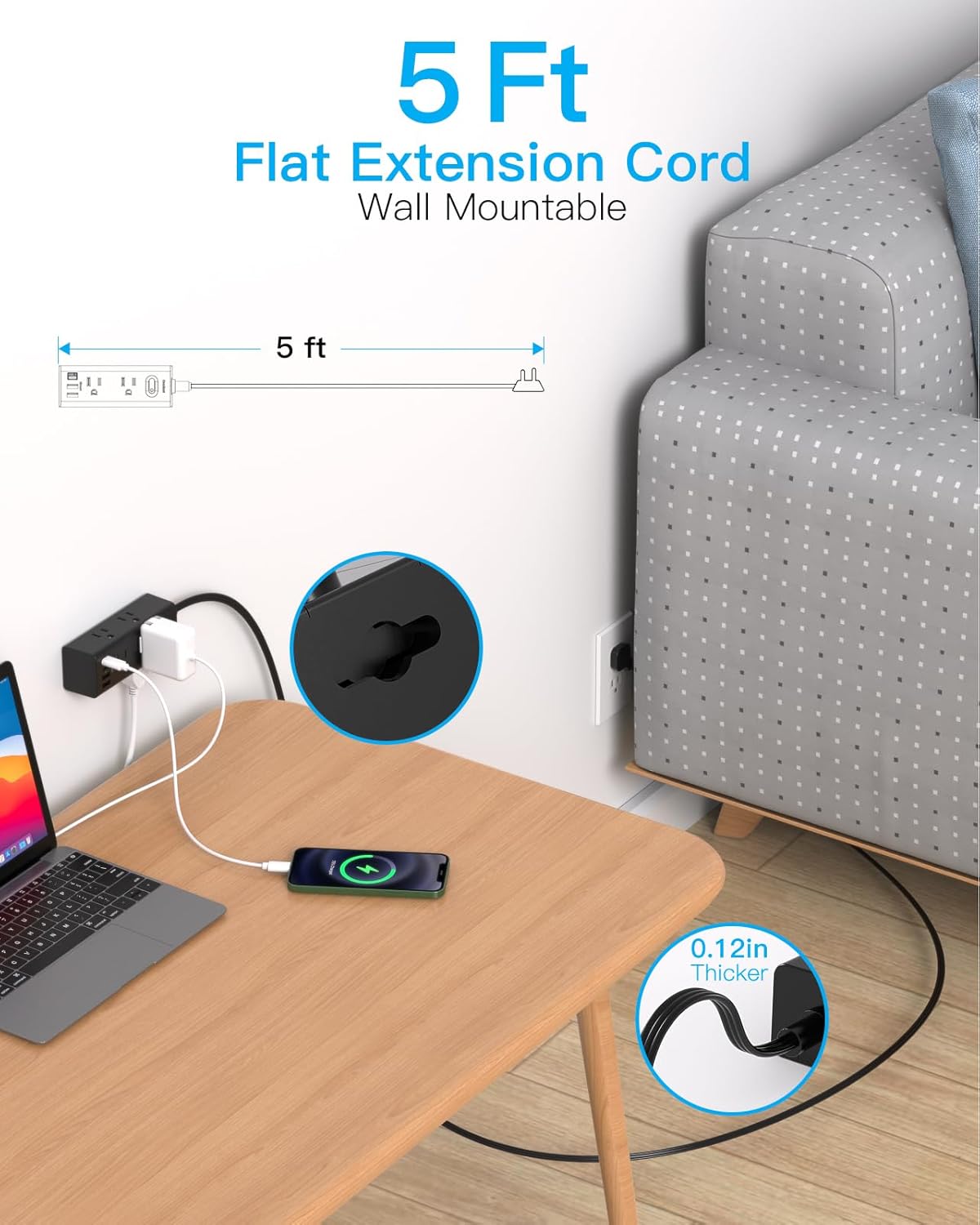 5Ft Extension Cord with Multiple Outlets, Flat Plug Power Strip Surge Protector with 5 Ft Long Cord, 6 Outlet 4 USB Ports (2 USB C), Multi Outlet Wall Plug for College, Dorm Room Essentials(Black)