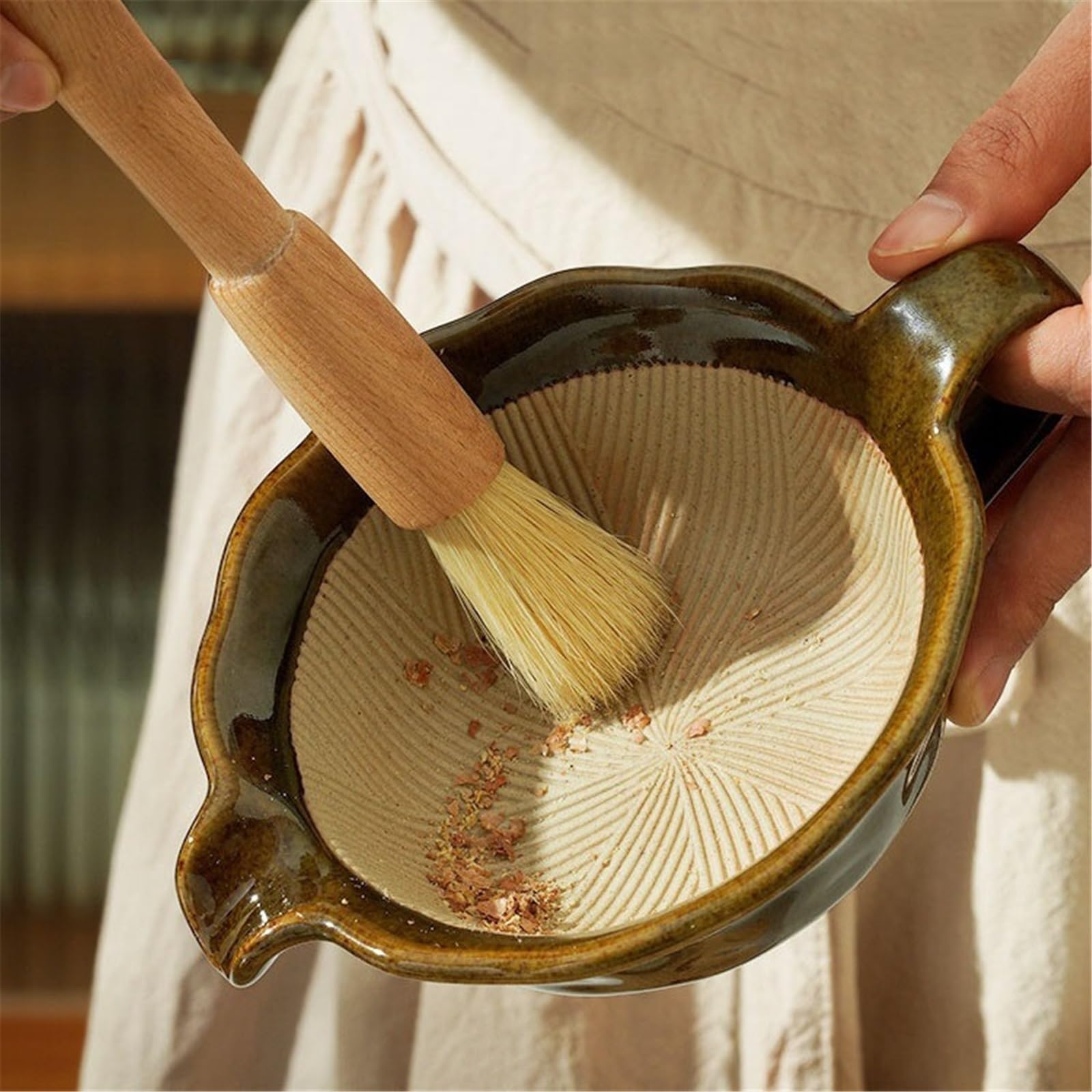 Mortaio e pestello da cucina in ceramica con manico, macinino manuale for aglio
