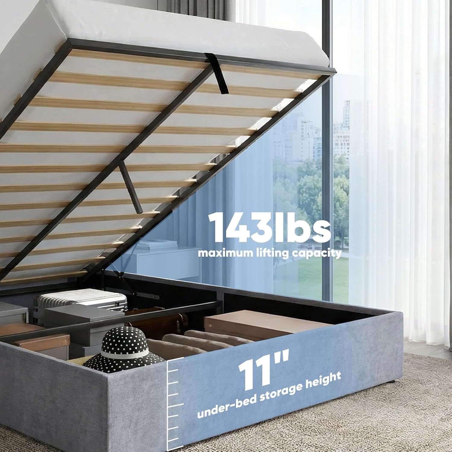DUMOS Queen Size Lift Up Storage Bed, Modern Upholstered Platform Bed Frame with Wingback Headboard, Hydraulic Lift Storage, No Box Spring Needed, Easy Assembly, Grey