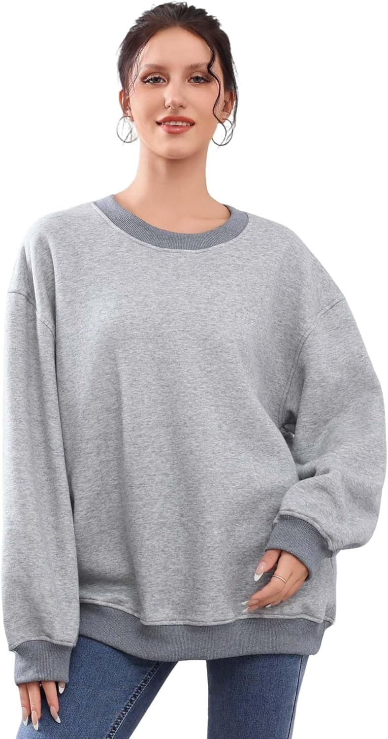 KINGNAM Oversized Sweatshirts for Women Fleece Crewneck Sweatshirt Colour Block Ribbed Trimmed Long Sleeve Casual Top