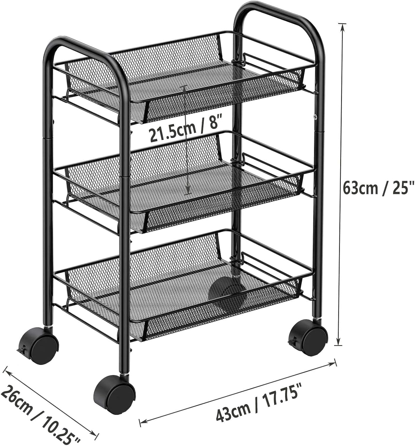 3 Tier Rolling Utility Cart, HAITIAN Storage Trolley Cart for Daily Life, Simple Design Easy Assembly, Made of Steel Tube Frame, Mesh Wire Baskets & Nylon Casters, Color Black