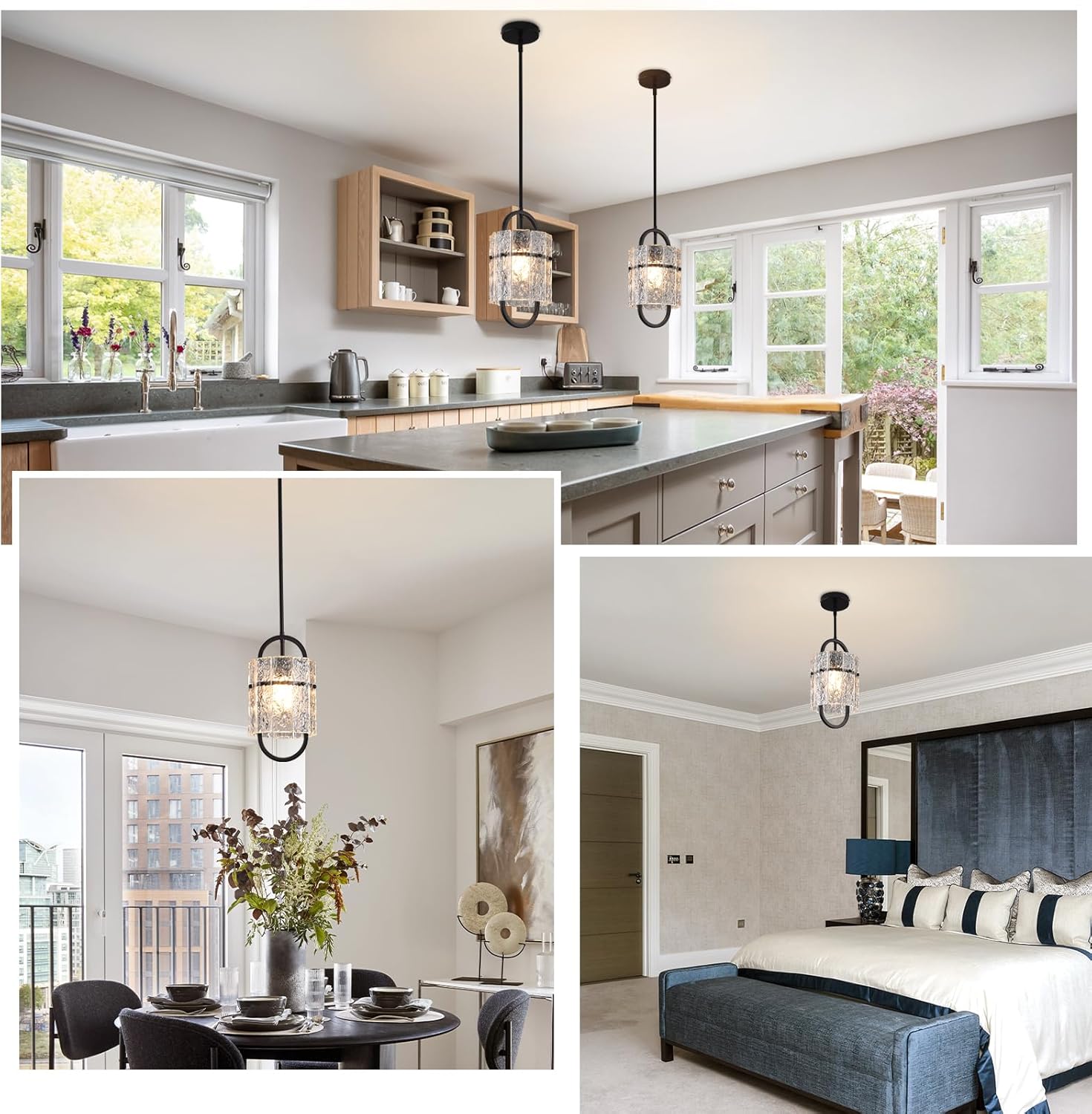 Black Glass Pendant Lights for Kitchen Island, Luxury Water Ripple Crystal Chandelier Lights Fixture, Modern Adjustable Pendant Lighting for Dining Room, Bedroom, Island Lights, E26 Bulb