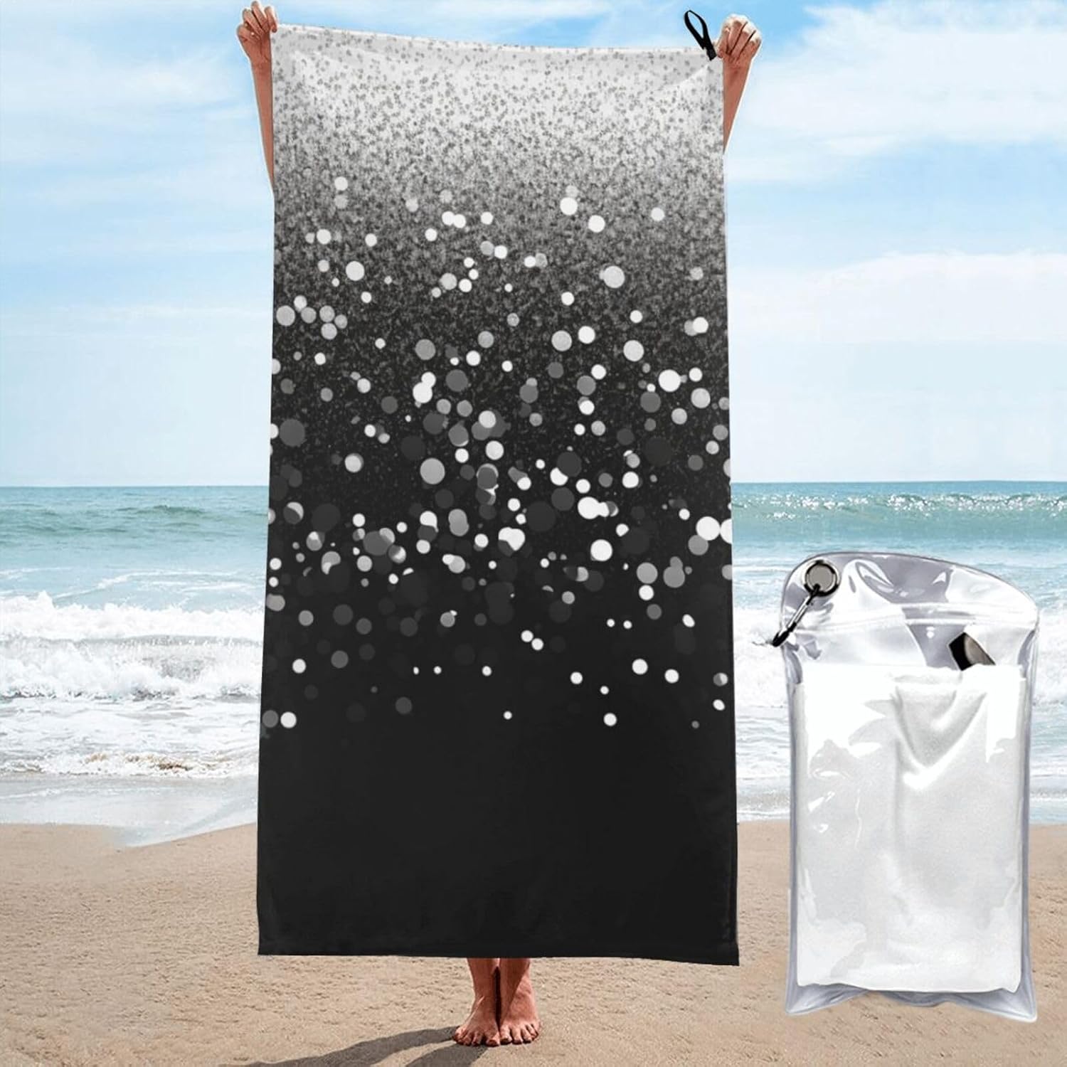 KHiry Microfiber Towel Beach Towels Black White Glitter Quick Dry Towel Soft Lightweight Travel Towels Absorbent Large Easy Pack Travel Things Beach Blanket for Gym Sports Swimming