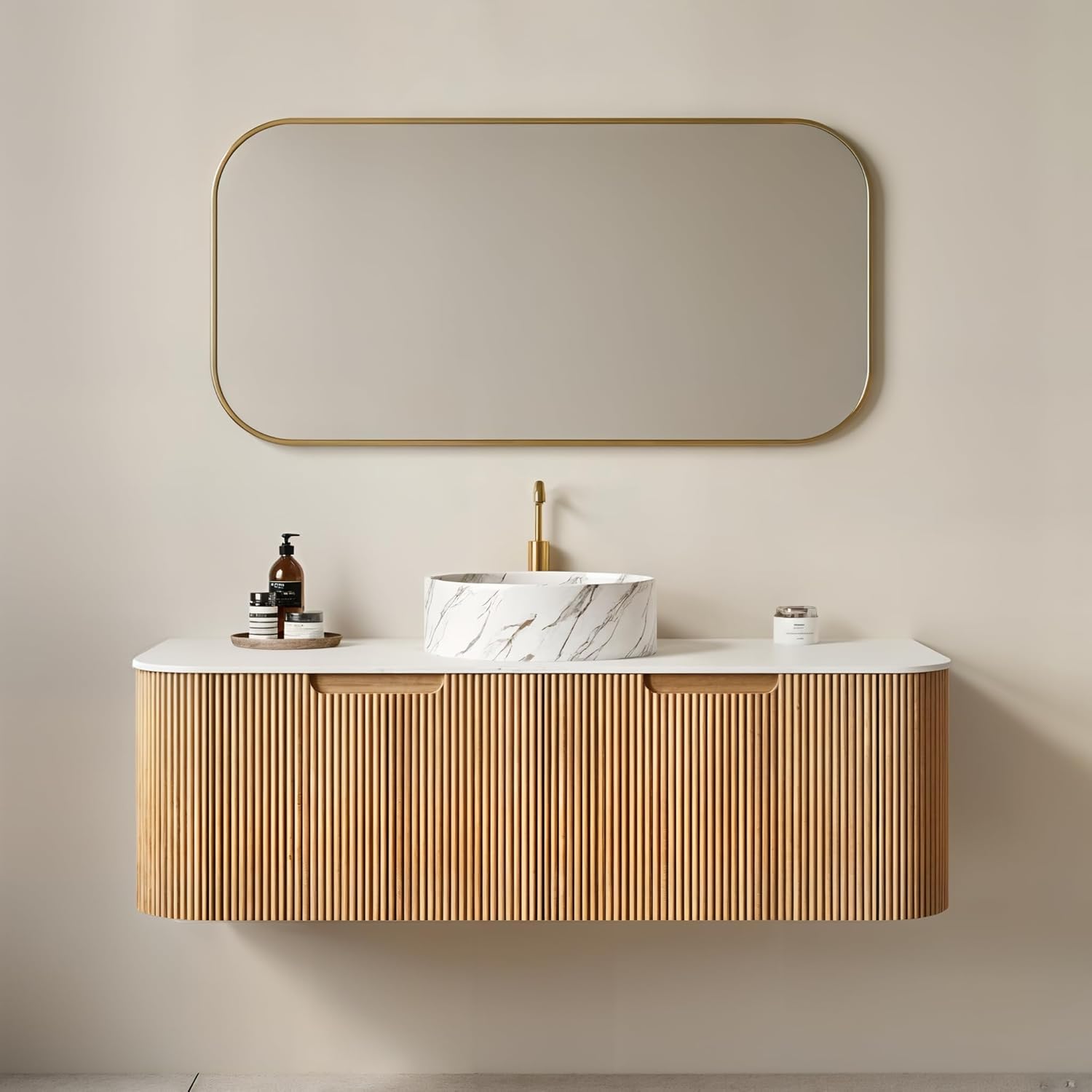 Yayzy 48" Floating Bathroom Vanity with Sink, Solid Wood Fluted Cabinet, White Marble-Patterned Ceramic Basin & Faux Marble Top, Soft-Close Drawer, Pre-Assembled, Natural Woodgrain